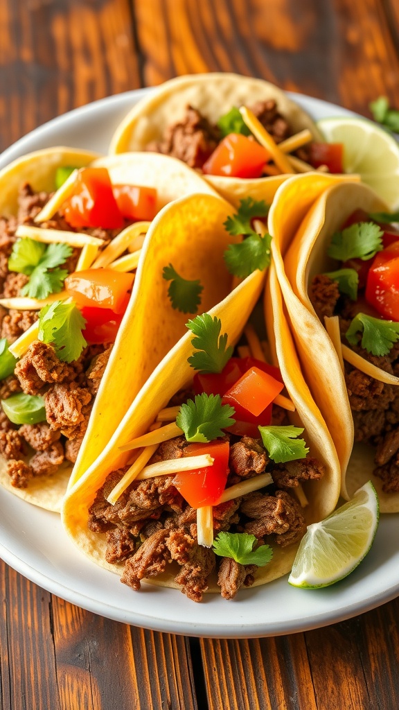 A plate of beef tacos with toppings such as lettuce, cheese, and salsa, on a rustic table.